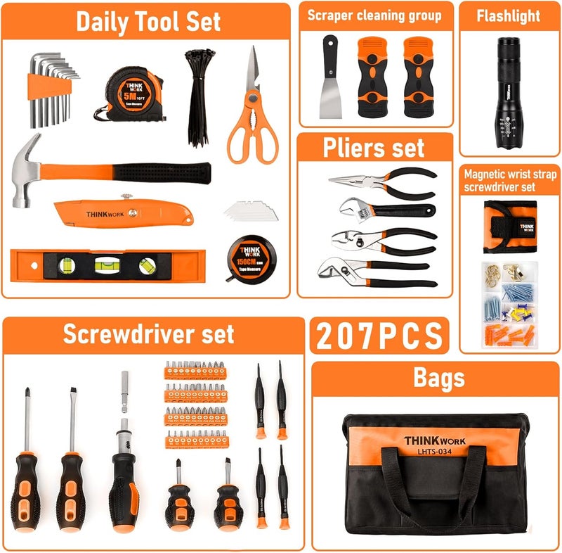 THINKWORK Tool Set - 207 Piece Portable Home Repairing Tool Kit, General Household Hand Tool Set with 13'' Wide Mouth Open Storage Tool Bag, Perfect for DIY, Home Maintenance, Handyman - Gift for Men - Image 2